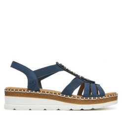 Sandały Rieker. Niebieskie sandały damskie Rieker, bez wzorów, bez obcasa, na koturnie, bez zapięcia. Za 299.99 zł.