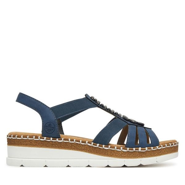 Sandały Rieker. Niebieskie sandały damskie Rieker, bez wzorów, bez obcasa, na koturnie, bez zapięcia. Za 299.99 zł.