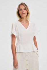 Taliowana koszula biała. Białe koszule damskie MOODO, l, bez wzorów, z poliesteru, bez kołnierzyka, bez ramiączek. W wyprzedaży za 59.99 zł.