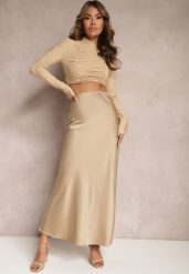 Beżowa Satynowa Spódnica Maxi High Waist Formia. Brązowe spódnice damskie Renee, l, bez wzorów, z satyny, z podwyższonym stanem, maxi. Za 99.99 zł.
