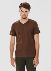 PAKO LORENTE – Brązowy gładki t-shirt v-neck. Brązowe t-shirty męskie Pako Lorente, s, bez wzorów, z bawełny, bez kołnierzyka, bez ramiączek. Za 39.99 zł.