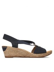 Rieker Sandały 624H6-14 Granatowy. Niebieskie sandały damskie Rieker, bez wzorów, ze skóry, bez obcasa, na koturnie, bez zapięcia. Za 299.99 zł.