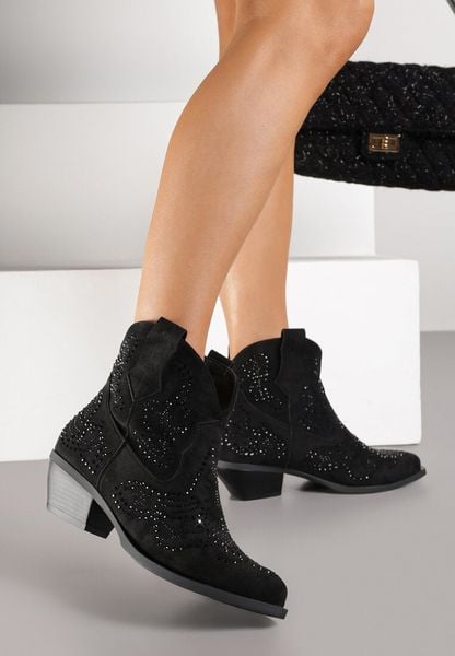 Czarne Krótkie Botki Typu Kowboki z Cyrkoniowym Zdobieniem Lalare. Czarne botki damskie Renee, z aplikacjami, z jeansu, bez obcasa, na obcasie, bez zapięcia. Za 159.99 zł.