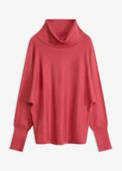Sweter z golfem z mieszanki wiskozy. Czerwone swetry nierozpinane damskie bonprix, bez wzorów, z wiskozy, eleganckie, bez kołnierzyka, bez ramiączek. Za 124.99 zł.