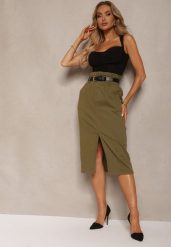 Zielona Bawełniana Spódnica High Waist z Rozcięciem Paskiem i Gumką w Talii Crisbella. Zielone spódnice damskie Renee, na co dzień, l, bez wzorów, z bawełny, eleganckie, z podwyższonym stanem, midi, proste. Za 79.99 zł.