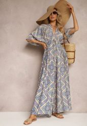 Niebieski Boho Kombinezon z Wiązaniem na Plecach z Gumką w Pasie i Długimi Nogawkami Sopolia. Niebieskie sukienki damskie Renee, na spotkanie biznesowe, bez wzorów, boho, bez kołnierzyka, bez ramiączek. Za 69.99 zł.