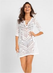 Sukienka plażowa z dzianiny. Białe sukienki damskie bonprix, na plażę, bez wzorów, z dzianiny, bez kołnierzyka, bez ramiączek. Za 132.99 zł.