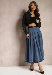Granatowa Rozkloszowana Spódnica Jeansowa z Paskiem z Klamrą Varnie. Niebieskie spódnice damskie Renee, na uczelnię, m, bez wzorów, z jeansu, maxi, rozkloszowane. Za 129.99 zł.