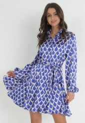 Niebieska Koszulowa Sukienka z Wiązanym Paskiem Atheneta. Niebieskie sukienki damskie Born2be, l, bez wzorów, z materiału, bez kołnierzyka, bez ramiączek, koszulowe. Za 94.99 zł.