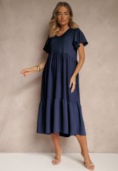 Granatowa Rozkloszowana Sukienka z Wiskozą w Casualowym Stylu Filarenna. Niebieskie sukienki damskie Renee, na co dzień, l, bez wzorów, z wiskozy, eleganckie, bez kołnierzyka, bez ramiączek, midi, rozkloszowane. Za 54.99 zł.