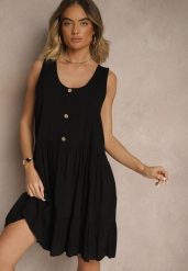 Czarna Rozkloszowana Sukienka z Bawełny Zdobiona Guzikami Iffanise. Czarne sukienki damskie Renee, na co dzień, l, z aplikacjami, z bawełny, eleganckie, bez kołnierzyka, bez ramiączek, mini, rozkloszowane. Za 39.99 zł.