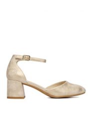 Rieker Czółenka 44762-91 Złoty. Żółte czółenka damskie Rieker, bez wzorów, z materiału, bez obcasa, bez zapięcia. Za 319.99 zł.