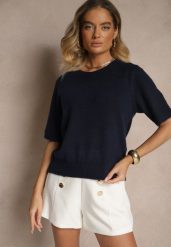 Granatowy Sweter z Wełną Krótkim Rękawem Ozdobiony Ściągaczami Emiralin. Niebieskie swetry nierozpinane damskie Renee, uniwersalny, bez wzorów, z jeansu, casualowe, bez kołnierzyka, bez ramiączek. Za 99.99 zł.