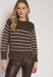 Brązowy Sweter z Domieszką Wełny w Paski Lidavia. Brązowe swetry nierozpinane damskie Born2be, bez wzorów, z jeansu, eleganckie, bez kołnierzyka, bez ramiączek. Za 119.99 zł.