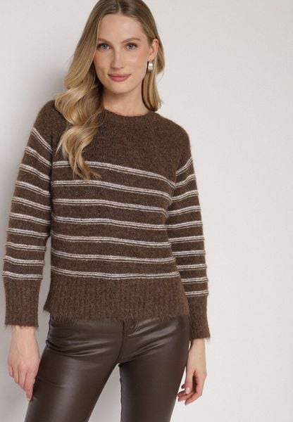 Brązowy Sweter z Domieszką Wełny w Paski Lidavia. Brązowe swetry nierozpinane damskie Born2be, bez wzorów, z jeansu, eleganckie, bez kołnierzyka, bez ramiączek. Za 114.99 zł.