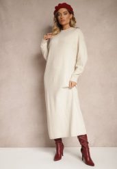 Jasnobeżowa Pudełkowa Sukienka z Dzianiny z Wiskozą Maziala. Brązowe sukienki damskie Renee, na co dzień, bez wzorów, z dzianiny, eleganckie, bez kołnierzyka, bez ramiączek, midi. Za 119.99 zł.