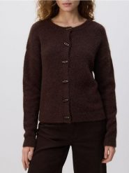 Kardigan z dodatkiem wełny - ciemnobrązowy. Brązowe kardigany damskie Reserved, l, bez wzorów, z dzianiny, bez kołnierzyka. Za 139.99 zł.