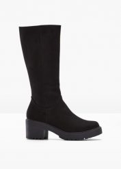 Kozaki. Czarne kozaki damskie bonprix, bez wzorów, bez obcasa, bez zapięcia. Za 219.99 zł.