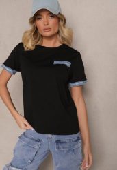Czarna Bawełniana Bluzka T-shirt Oversize z Ozdobnym Wykończeniem Mirnil. Czarne bluzki damskie Renee, l, bez wzorów, z bawełny, klasyczne, bez kołnierzyka, bez ramiączek. Za 34.99 zł.