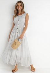 Biała Sukienka Abill. Białe sukienki damskie Born2be, na lato, l, bez wzorów, boho, bez kołnierzyka, bez ramiączek, maxi. Za 84.99 zł.