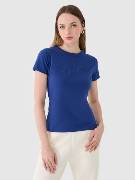 4F T-shirt slim z nadrukiem damski - granatowy S. Niebieskie t-shirty damskie 4F, s, bez wzorów, z bawełny, klasyczne, bez kołnierzyka, bez ramiączek. W wyprzedaży za 39.99 zł.