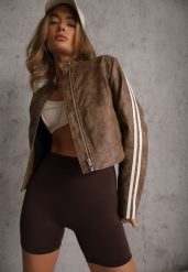 Brązowe Szorty Biker Shorts High Waist z Przeszyciem w Talii Phisera. Brązowe szorty damskie Renee, bez wzorów, retro, z podwyższonym stanem. Za 59.99 zł.