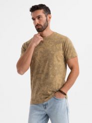 Wzorzysta bawełniana męska koszulka z krótkim rękawem – oliwkowa V3 OM-TSFP-0223 - XXL. Zielone t-shirty męskie Ombre Clothing, l, bez wzorów, z bawełny, bez kołnierzyka, bez ramiączek. Za 65.99 zł.