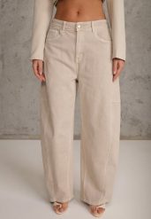 Beżowe Jeansy z Bawełny Typu Balloon High Waist Ozdobione Przeszyciami Eunaris. Brązowe jeansy damskie Renee, bez wzorów, z bawełny, z podwyższonym stanem. Za 119.99 zł.