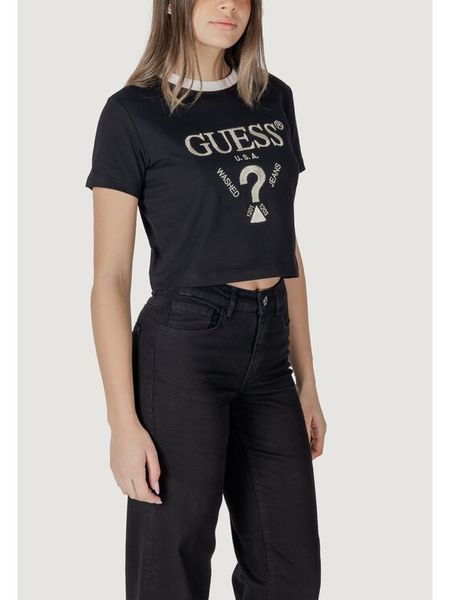 Guess T-Shirt V5GI18 I3Z14 Czarny Regular Fit. Czarne t-shirty damskie Guess, l, z aplikacjami, z bawełny, bez kołnierzyka, bez ramiączek. Za 99.99 zł.