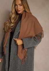Jasnobrązowy Bawełniano-Wiskozowy Szalik w Kształcie Trójkąta z Frędzlami Vetisara. Brązowe szaliki damskie Renee, bez wzorów, z bawełny. Za 39.99 zł.