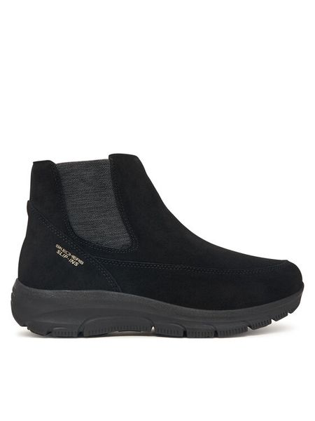 Skechers Sztyblety 169109/BBK Czarny. Czarne botki damskie Skechers, bez wzorów, ze skóry, bez obcasa, na płaskiej podeszwie, bez zapięcia. Za 449.99 zł.