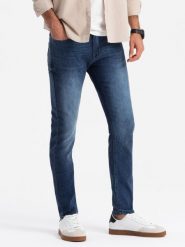 Dopasowane męskie spodnie jeansowe SLIM FIT z elastanem – niebieskie V1 OM-PADP-0214 - XXL. Niebieskie spodnie materiałowe męskie Ombre Clothing, bez wzorów, z bawełny. Za 119.99 zł.