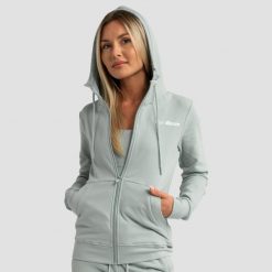 Bluza damska fitness z kapturem i zamkiem eukaliptowa Limitless. Zielone bluzy damskie GYMBEAM, m, bez wzorów, z bawełny, sportowe, bez ramiączek, z kapturem. Za 127.90 zł.