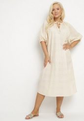 Beżowa Bawełniana Sukienka Oversize z Wiązaniem pod Szyją Tolanea. Brązowe sukienki damskie Born2be, l, bez wzorów, z bawełny, bez kołnierzyka, bez ramiączek, midi, oversize. Za 74.99 zł.