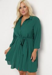 Ciemnozielona Rozkloszowana Mini Sukienka Zapinana na Guziki z Materiałowym Paskiem Vleco. Zielone sukienki damskie Born2be, l, bez wzorów, z materiału, bez kołnierzyka, bez ramiączek, mini, rozkloszowane. Za 84.99 zł.