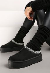 Czarne Śniegowce na Grubej Podeszwie z Niską Haftowaną Cholewką Etandiel. Czarne śniegowce damskie Born2be, z jeansu, bez zapięcia. Za 79.99 zł.