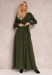 Ciemnozielona Sukienka Achina. Zielone sukienki damskie Renee, s, bez wzorów, z dzianiny, bez kołnierzyka, bez ramiączek, maxi, kopertowe. Za 179.99 zł.