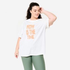 Koszulka damska Domyos Gym & Pilates oversize. Białe bluzki damskie DOMYOS, xl, bez wzorów, z bawełny, eleganckie, bez kołnierzyka, bez ramiączek. W wyprzedaży za 39.99 zł.