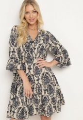 Granatowo-Beżowa Bawełniana Rozkloszowana Sukienka z Falbankami Miloa. Niebieskie sukienki damskie Born2be, na co dzień, na lato, l, bez wzorów, z bawełny, klasyczne, bez kołnierzyka, bez ramiączek, mini, proste. Za 69.99 zł.