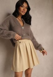 Beżowa Rozkloszowana Spódnica z Ekozamszu z Plisami w Stylu Preppy Sealia. Brązowe spódnice damskie Renee, do pracy, l, bez wzorów, biznesowe, mini, dopasowane. Za 89.99 zł.