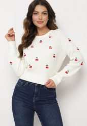 Biały Sweter z Wiskozą Ozdobiony Haftem z Wisienkami Vaithna. Białe swetry nierozpinane damskie Born2be, s, bez wzorów, z jeansu, eleganckie, bez kołnierzyka, bez ramiączek. Za 109.99 zł.