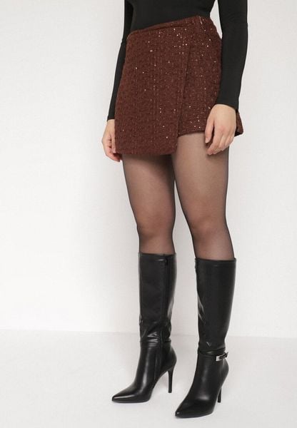 Brązowe Spódnico-Szorty z Wełną i Cekinami Fedara. Brązowe szorty damskie Born2be, bez wzorów, z wełny, klasyczne. Za 129.99 zł.