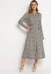 Biało-Czarna Taliowana Sukienka Maxi z Materiałowym Paskiem w Geometryczny Print Filint. Czarne sukienki damskie Born2be, l, bez wzorów, z materiału, bez kołnierzyka, bez ramiączek, maxi. Za 179.99 zł.