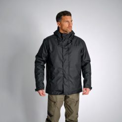 Kurtka Solognac Warm 100 WTP. Czarne kurtki męskie SOLOGNAC, na zimę, uniwersalny, bez wzorów, z materiału, sportowe, bez kaptura. Za 229.99 zł.