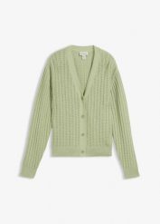 Sweter rozpinany w ażurowy wzór z dodatkiem lnu. Brązowe kardigany damskie bonprix, na wiosnę, w ażurowe wzory, bez kołnierzyka. Za 69.99 zł.
