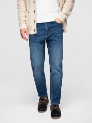 Męskie spodnie jeansowe CARROT z przetarciami - niebieskie V2 - Rozmiar: XXL. Niebieskie spodnie materiałowe męskie Ombre Clothing, z aplikacjami, z bawełny. Za 239.99 zł.