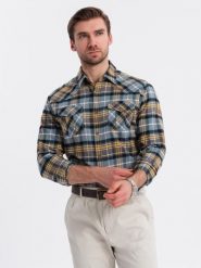 Męska flanelowa koszula w kratę z kieszeniami - szaro-żółta V1 - Rozmiar: S. Szare koszule męskie Ombre Clothing, m, bez wzorów, z bawełny, bez kołnierzyka, bez ramiączek. W wyprzedaży za 79.99 zł.