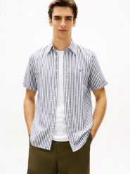 Tommy Hilfiger koszula z krótkim rękawem z lnu Mężczyźni Regular Fit Bawełna czarny, M. Czarne koszule męskie Tommy Hilfiger, na lato, m, bez wzorów, z bawełny, klasyczne, bez kołnierzyka, bez ramiączek. Za 329.95 zł.