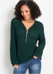 Sweter dzianinowy z zamkiem. Zielone swetry nierozpinane damskie bonprix, bez wzorów, z dzianiny, bez kołnierzyka, bez ramiączek. Za 124.99 zł.