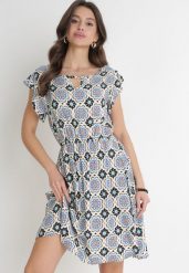 Niebiesko-Czarna Bawełniana Sukienka Mini z Gumką w Talii Caara. Niebieskie sukienki damskie Born2be, l, bez wzorów, z bawełny, bez kołnierzyka, bez ramiączek, mini. Za 34.99 zł.